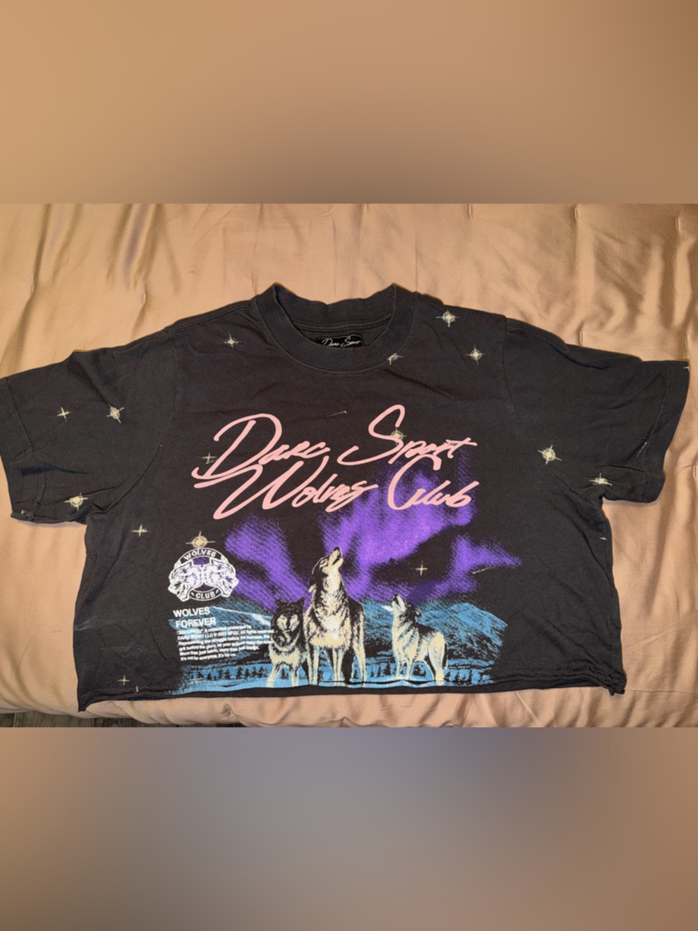 Darc Sport Black Crop Top with Pink Script and Purple Graphic